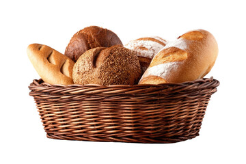 Assorted baked goods in a wicker basket.  A variety of loaves and rolls, including sourdough, rye, and white bread, are nestled within a rustic brown wicker basket