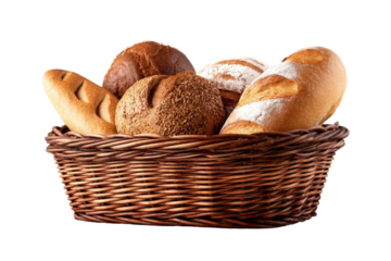 Assorted baked goods in a wicker basket.  A variety of loaves and rolls, including sourdough, rye, and white bread, are nestled within a rustic brown wicker basket