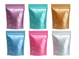 Six glossy, zip-top pouches in pastel colors