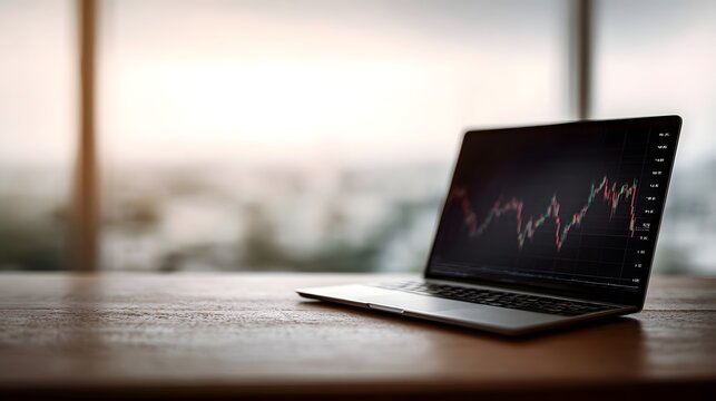 Laptop showcasing a fluctuating market chart on a wooden desk with a bright blurred window view illustrating contemporary finance and investment
