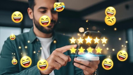 Man Submitting Five-Star Review on Smartphone - A close-up shot of a man using his smartphone to submit a five-star rating, surrounded by positive emojis and glowing stars. - Powered by Adobe