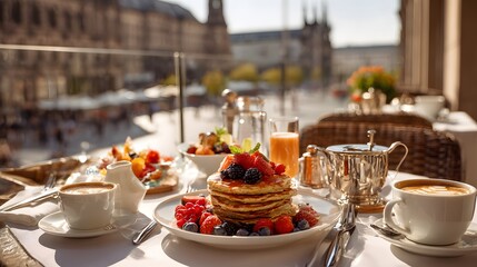 Fototapeta premium Delicious breakfast pancakes with berries and coffee on a balcony with a city view for a good morning