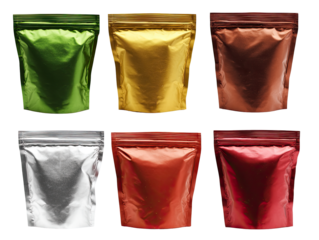 Six resealable pouches, various colors, stacked in a grid.  Close-up view.  Metallic, matte finishes.  Ideal for food or spice packaging
