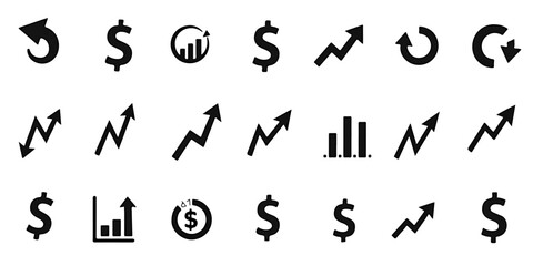 Silhouette Icons Set of Stock market icons showing bullish arrows, bearish charts, stock tickers, dollar signs, and financial reports