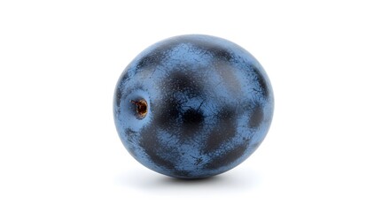 A single dark blue plum with a stem scar on a white background in a studio shot close up view
