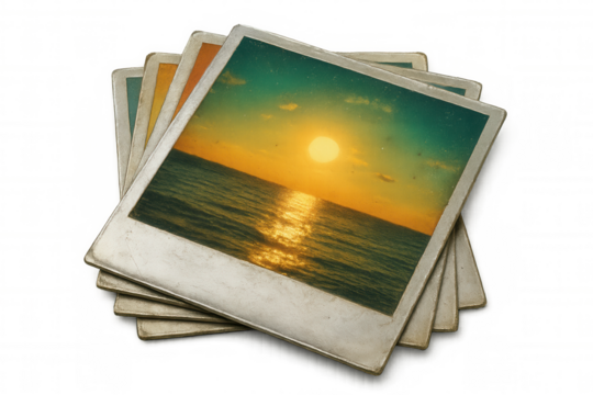 Vintage instant photos displaying ocean sunset, layered with transparent backdrop, ready for design projects