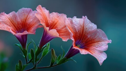 Fototapeta premium Close-up of three delicate, peach-orange flowers, showcasing intricate patterns and vibrant hues. Dew drops adorn the petals, creating a glistening effect. 
