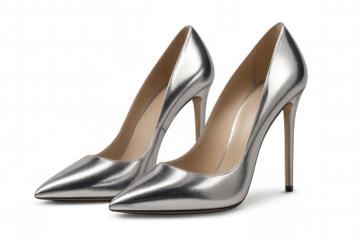Sleek silver high heels gleaming against transparent backdrop, highlighting elegant footwear design potential