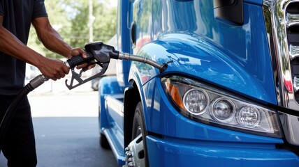 Fueling a blue semitruck at a gas station, showcasing the transportation industry, energy sector, and the essential service of diesel fuel