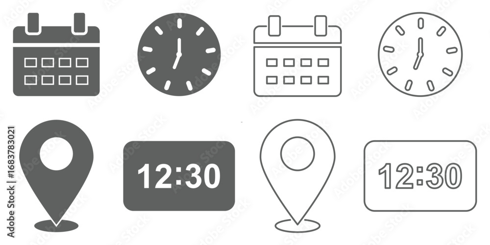 Poster address time date icons set. address location icon. clock, timer icon. date calendar icon. time, dat