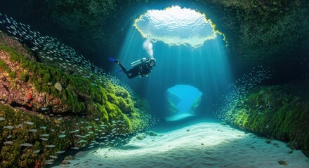 Diver exploring underwater cave with sunbeams and fish
