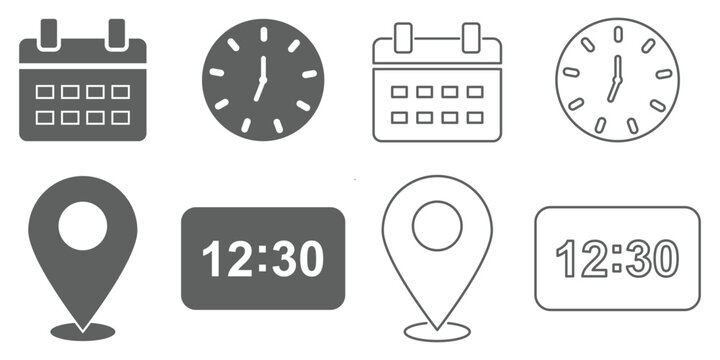 Address time date icons set. Address location icon. Clock, timer icon. Date Calendar icon. Time, date, location or place icons symbol. Line and flat web icons. Calendar, clock, and location pin symbol