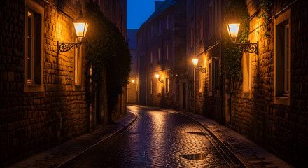 Charming European Cobblestone Street at Night with Warm Lantern Light