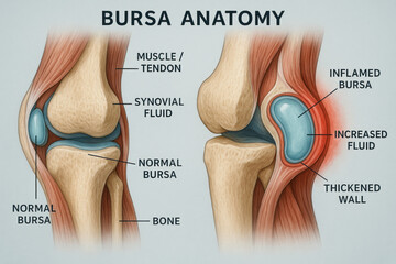 Bursa Anatomy Illustration: Normal vs. Inflamed, Medical Diagram [Illustration]