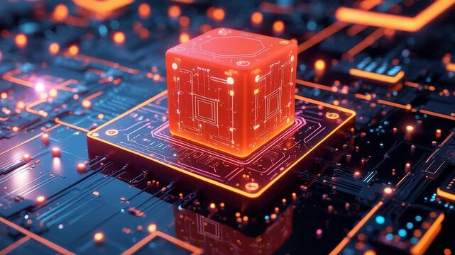 Glowing red digital cube placed on microchip circuit board representing advanced technology data processing and modern computing system