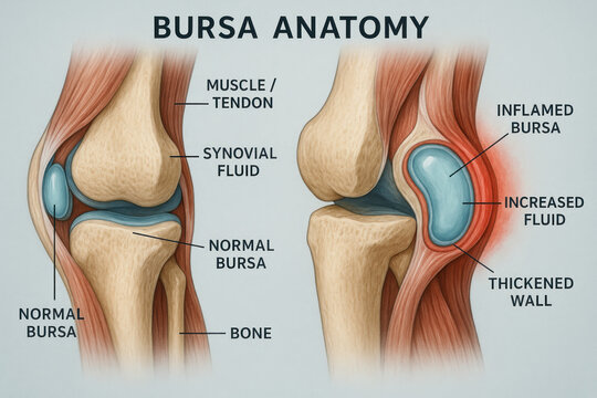 Bursa Anatomy Illustration: Normal vs. Inflamed, Medical Diagram [Illustration]
