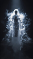Ethereal spirit glowing with divine light and surrounded by wisps of smoke