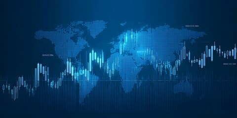Blue stock market background with a world map and candlestick chart on a dark blue background, 