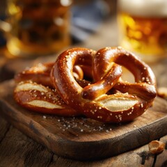 Freshly baked soft pretzels arranged on a rustic wooden board, sprinkled with coarse salt, accompanied by a frothy beer in the background, creating a cozy snack atmosphere