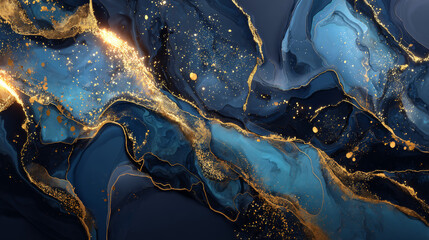 Beautiful abstract background. Golden and dark blue mixed acrylic paints. Marble texture. Contemporary art.