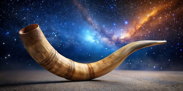 Shofar horn against a cosmic background, symbolizing rosh hashanah, the jewish new year, and the call to spiritual awakening and reflection in the vastness of the universe