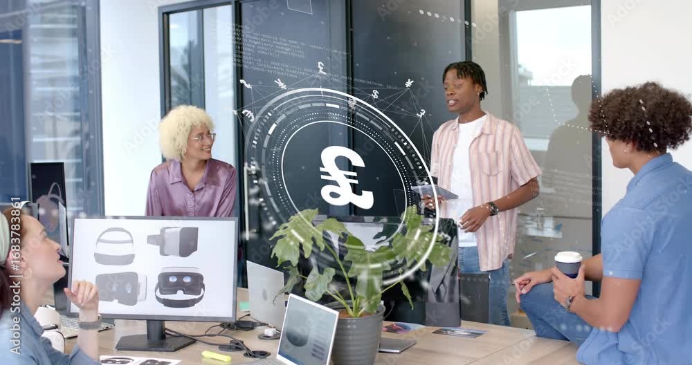 Poster man presenting tapping tablet projecting currency overlay in boardroom showing product features