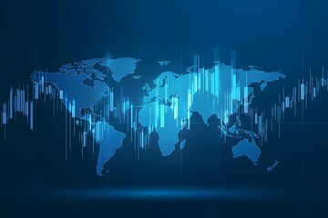 Blue stock market background with a world map and candlestick chart on a dark blue background, 