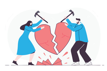 Couple destroying broken heart symbol with axes illustrating relationship conflict and divorce