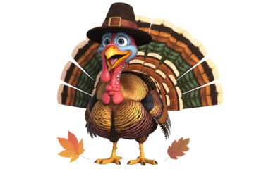 Cartoon Thanksgiving Turkey with Pilgrim Hat and Autumn Leaves – Holiday Celebration Illustration