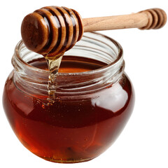 Honey dripping from a wooden dipper into a clear glass jar (2)