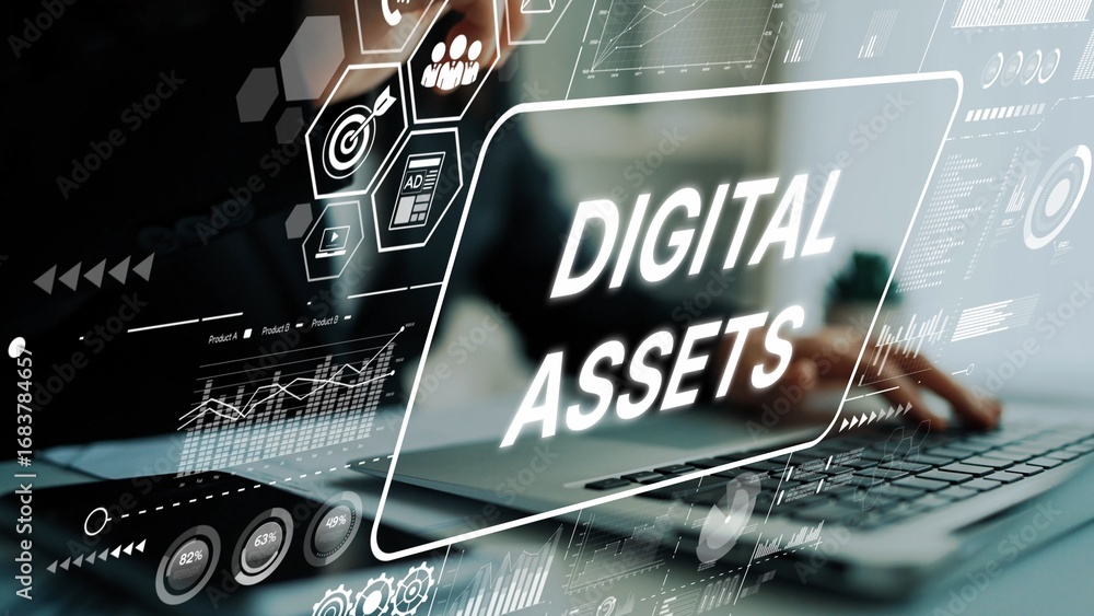 Poster modern technology concept of digital assets management with data visualizations and analytics in a b