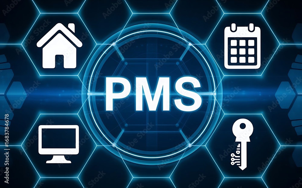 Poster modern hotel property management system with glowing digital controls and scheduling dashboard
