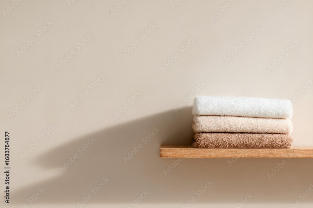 Poster soft towels stacked neatly on wooden shelf create warm, inviting