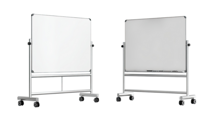 Two freestanding whiteboards on wheels.  Each whiteboard is rectangular, mounted on a metal stand with caster wheels.  Blank surfaces