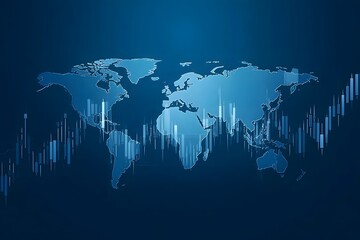 Blue stock market background with a world map and candlestick chart on a dark blue background, 