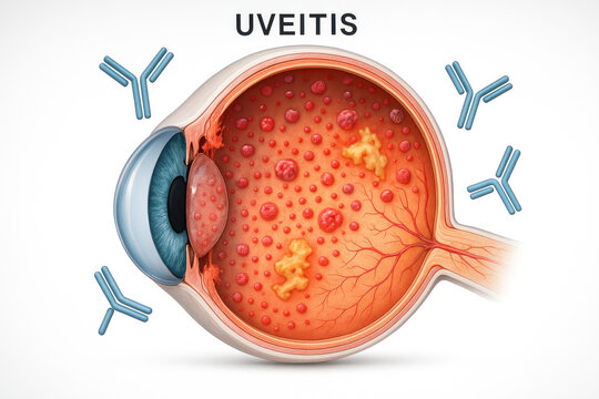 Uveitis Illustration: Eye Inflammation and Antibodies, Medical Diagram [Illustration]