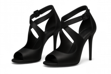 Black peep-toe stilettos featuring crisscrossing straps and ankle buckles, highlighting elegant footwear design against clean transparent backdrop