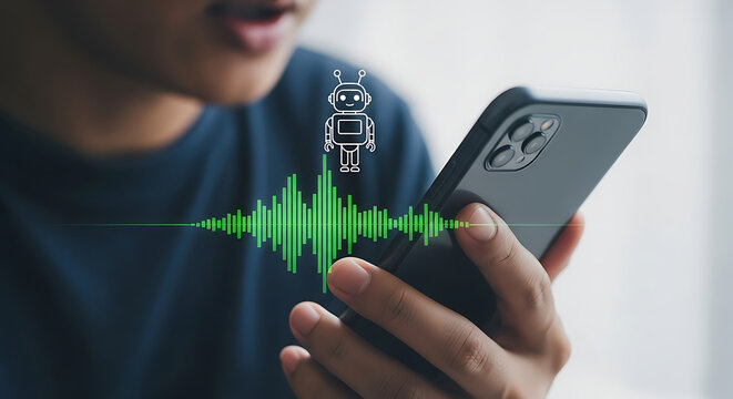 Person holding smartphone with voice assistant interface and green sound wave graphic overlayed