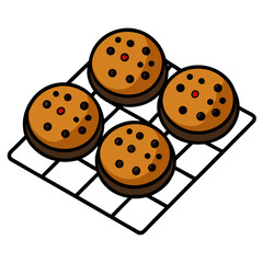 Chocolate chip cookies on a black cooling rack vector on white background.