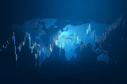 Blue stock market background with a world map and candlestick chart on a dark blue background, 