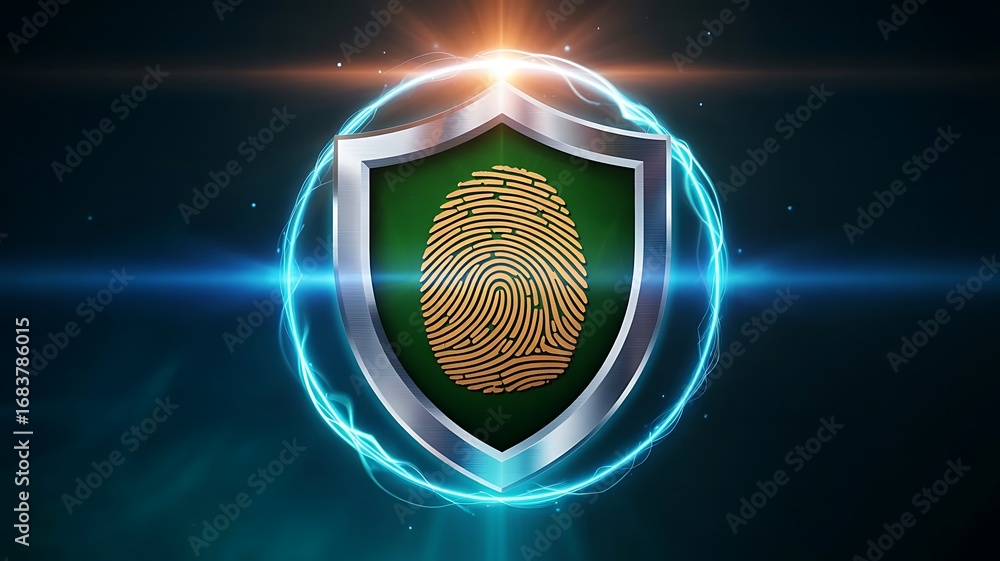 Poster fingerprint scan with security shield icon – biometric authentication concept