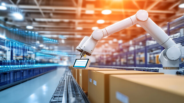 Robotic Arm Scanning Packages in a Modern Warehouse - Powered by Adobe