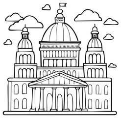 Illustration of a grand government building with a dome and clouds