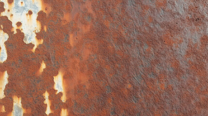 Textured rusty metal surface with peeling paint creating abstract patterns and weathered grunge