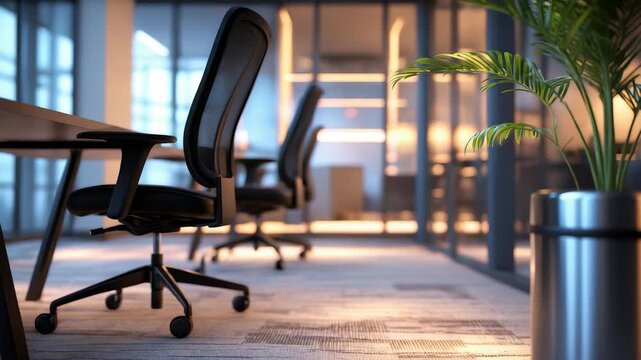 Modern office interior with ergonomic chairs near wooden desks and glass partitions illuminated by warm ambient lighting and green plant
