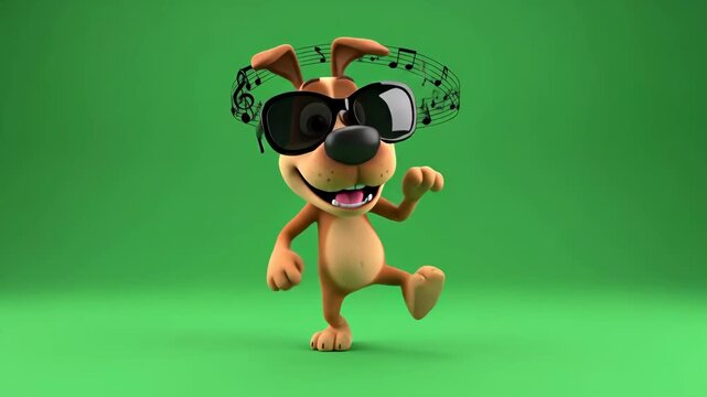 Cool Dancing Dog with Music Notes - A 3D-animated brown dog wearing sunglasses dances against a green screen background. Musical notes playfully circle its head.