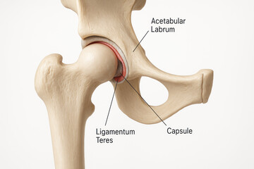 Hip Joint Anatomy Illustration: Bone Structure with Acetabular Labrum, Ligamentum Teres and Capsule [Illustration]