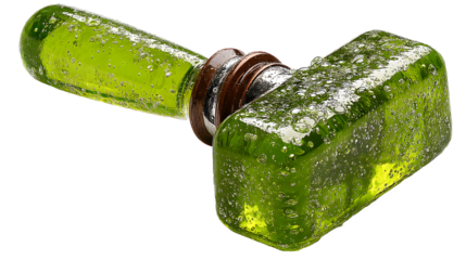 Green glass bottle with condensation isolated on transparent background