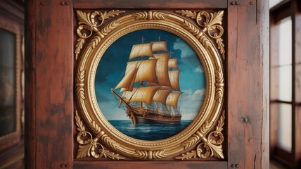 A vintage painting of a sailing ship at sea, framed in ornate gold and wood, evoking a sense of history and maritime adventure