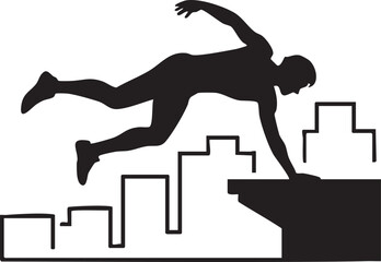 Parkour Athlete Silhouette Leaping Over Urban Landscape on Transparent BG
